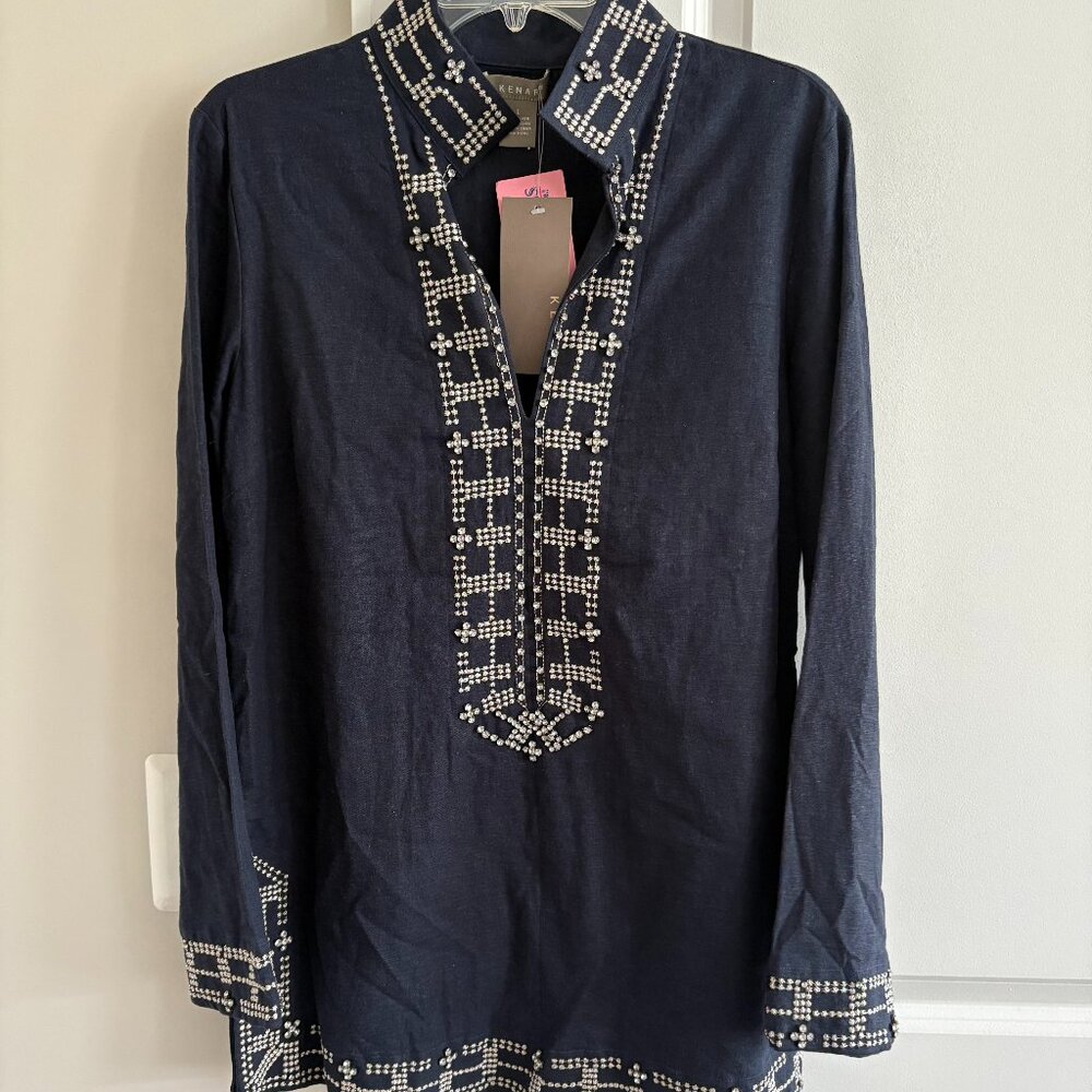 Kenar Navy Blue Tunic Caftan Top Rhinestone Embroidered - SZ L   NEW w Tags
